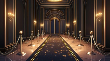 An abstract art illustration carpet leads to the entrance of the venue, illuminated by spotlights and flanked on both sides with silver laces, creating a luxurious atmosphere for important events.