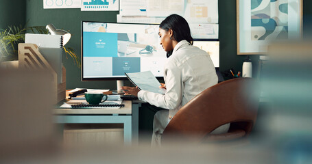 Wall Mural - Woman, document and computer in office at house for reading report, finance budget or accounting growth of company. Female person, paperwork and review analysis, kpi progress and business development