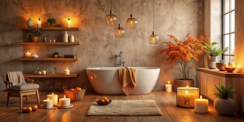 Canvas Print - Cozy home spa corner in a beautiful bathroom, exuding autumn vibes with warm tones and relaxing elements, home spa, cozy