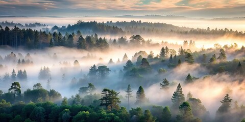 Canvas Print - Ethereal misty forest at dawn with intertwining fog and treetops, mystical, aura, mist, forest, dawn, early morning