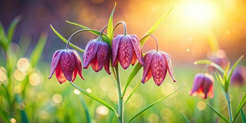 Poster - Mystical bell-shaped Fritillaria blooms surrounded by soft light, Mystical, bell-shaped, Fritillaria, blooms, flowers, soft