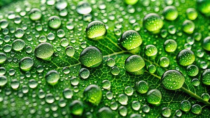 Canvas Print - Close-up of a vibrant green leaf covered in glistening dew drops, verdant, leaf, green, pristine, dew drops, water droplets