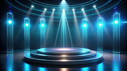 Canvas Print - Futuristic podium with holographic lights in dimly lit room, futuristic,podium, holographic, lights, dimly lit