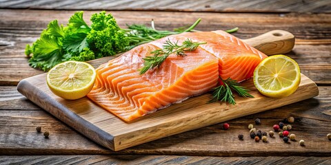 Sticker - Fresh salmon filet with lemon slices, parsley, and dill on a rustic wooden cutting board, salmon, filet, fresh, lemon