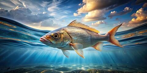 Poster - Graceful fish swimming in waves with reflection on surface, portraying underwater beauty, fish, waves, reflection, underwater