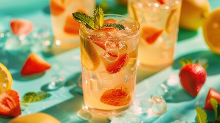 Wall Mural - A close up of a glass of water with strawberries and lemons