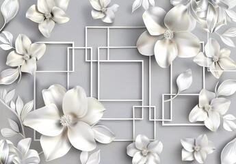 3d wallpaper with white flowers and geometric square frame on grey background