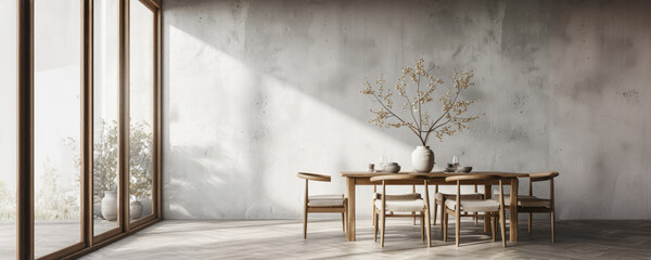 Wall Mural - Minimalist dining room with wooden table and chairs in natural sunlight