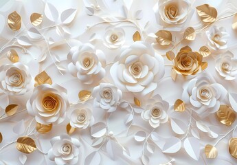 3d white paper roses on a white background, golden leaves, an elegant floral pattern, wall mural, wa