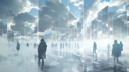 Poster - A group of people walking in a foggy cityscape. The people are walking in a line, and the fog is thick, creating a sense of mystery and unease. The cityscape is filled with tall buildings
