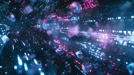 Poster - a transformation process where sensitive data elements morph into innocuous tokens, floating in a cybernetic environment