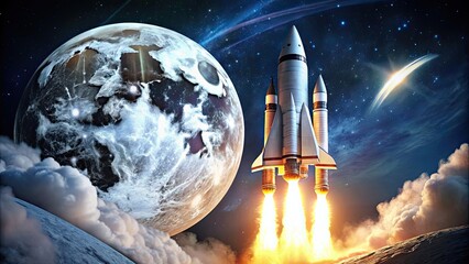 Wall Mural - twin rockets launching into space towards the moon, space, exploration, journey, rocket, spacecraft,