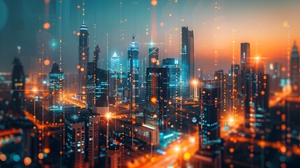 Poster - a futuristic city skyline, where buildings glow with energy-efficient lighting and smart sensors adjust energy usage in real-time, showcasing the power of energy efficiency
