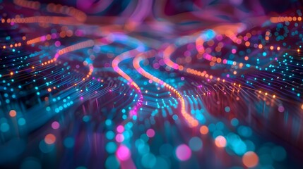 Poster - A labyrinth of data streams converging in a digital nexus, where algorithms dance amidst the neon glow of information, orchestrating the symphony of asset management