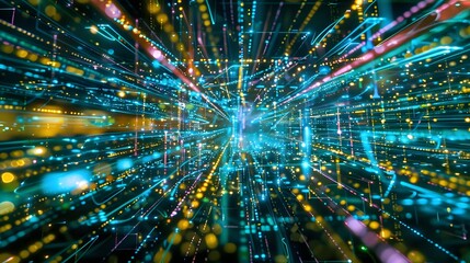 Poster - A labyrinth of data streams converging in a digital nexus, where algorithms dance amidst the neon glow of information, orchestrating the symphony of asset management
