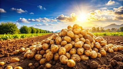 Wall Mural - Piles of fresh potatoes in a sunny farm field , Potatoes, field, farm, sunny, harvest, agriculture, organic, dirt, earth