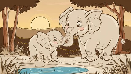 Wall Mural - A cartoon of a couple elephants standing next to each other, AI