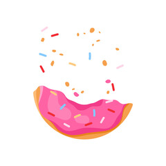 Piece of donut while eating, round cake with pink cream and crumbs vector illustration