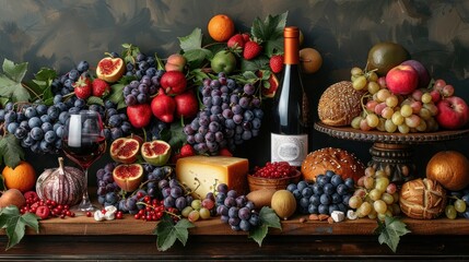 Poster - Still Life with Grapes, Wine, and Cheese