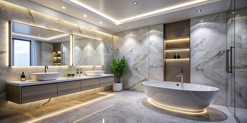 Wall Mural - Sleek marble bathroom with LED lighting, double vanity, and freestanding tub, marble, bathroom, LED lighting