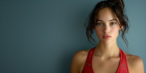 Canvas Print - a woman with abdominal muscles on plain studio background, arms at side, wearing red Sport clothes, sport advertising