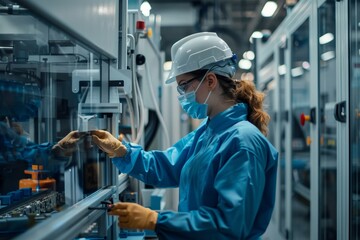 A technician in a protective uniform inspecting a freshly produced plastic component for quality control in a modern manufacturing facility.