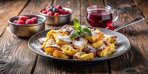 Canvas Print - Traditional German dessert Kaiserschmarrn served with powdered sugar and fruit compote on a rustic plate