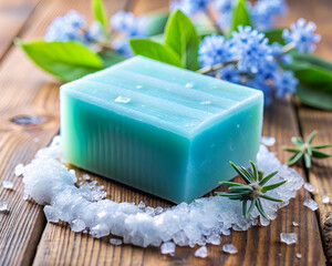 blue soap and fresh flowers on wooden background