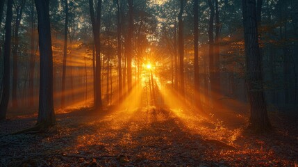 Poster - Golden Rays of Dawn in a Mystical Forest