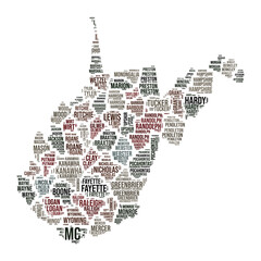 Poster - West Virginia word cloud. State shape with county division. West Virginia typography style image. County names tag clouds. Vector illustration.