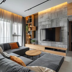 Modern living room furniture with gray sofa with pillow, gray tv unit, wooden table and small cabinet 