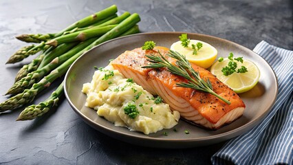 Poster - Plate of salmon with mashed potatoes and asparagus, salmon, plate, food, meal, delicious, gourmet, healthy, cuisine