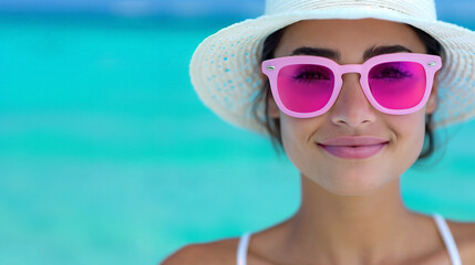 Close-up portrait of a smiling woman wearing pink sunglasses and a white sun hat at the beach, with a serene turquoise ocean in the background.