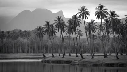 Poster - A black and white photo of a group of palm trees near water, AI