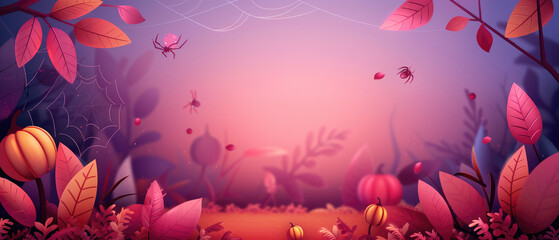 Spider webs on autumn bushes in flat design style for Halloween night concept.
