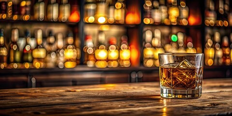 Sticker - Classic glass of whiskey on wooden bar counter in dimly lit pub , whiskey, pub, bar, alcohol, drink, classic, glass