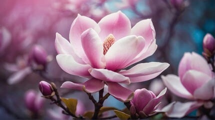 Wall Mural - Pink magnolia flower blossom in soft focus