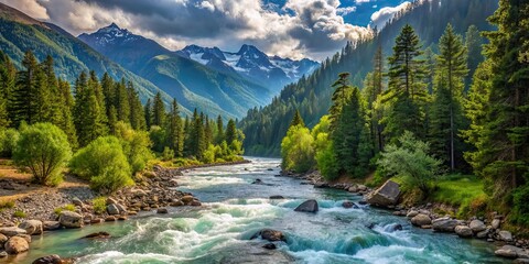 Sticker - Scenic view of a mountain river flowing through a lush forest , nature, landscape, water, river, stream, trees, foliage