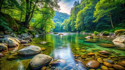 Sticker - Tranquil river flowing through a lush forest, with beautiful stones scattered in the clear water, river, forest, stones