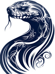 Wall Mural - A snake tattooed on a person's head. The snake is long and has a lot of detail, including its teeth and scales. The tattoo is blue and white, and it gives the impression of a fierce