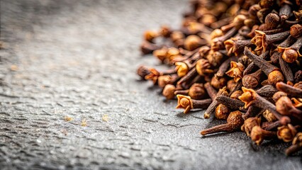 Canvas Print - Close-up of dried cloves on textured light gray surface, Indian Indonesian spice, cloves, dried, scattered, close-up, texture