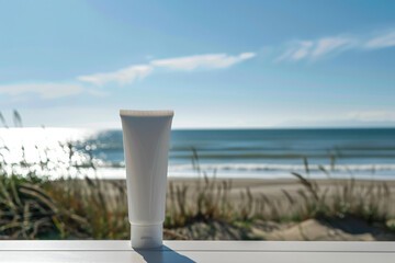 Poster - Photo of a white plastic tube mockup for sunscreen cream, placed on the edge of an outdoor table with a beach and ocean in the background. The texture is smooth and glossy, reflecting light.