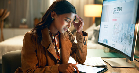 Poster - Headache, woman and computer for online work, eye strain and overworked for project deadline. Pressure, pain and burnout for person in home office, technology or graphic website designer with stress