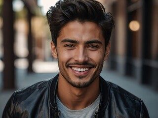 Wall Mural - handsome model hispanic guy smiling on camera closeup portrait shot