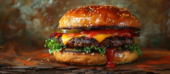 Wall Mural - Juicy Cheeseburger with Bacon and Pickles