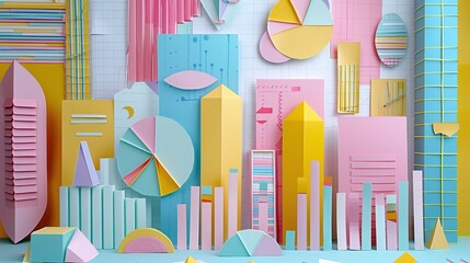 Poster - Paper craft art of financial data analysis symbols Stock Photo with copy space