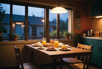 Dinner on a table with food and two glasses of orange juice on it.