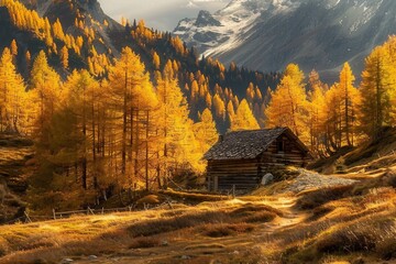 Wall Mural - Mountain cabin in autumn nature landscape. Autumn landscape