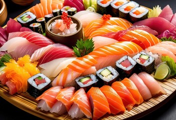 Canvas Print - colorful fresh sushi sashimi platter assorted raw fish seafood japanese cuisine, vibrant, appetizing, delicious, healthy, gourmet, nutrition, presentation