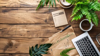 Poster - 2D flat lay of a desk with a paper laptop coffee cup pen and financial documents Stock Photo with copy space